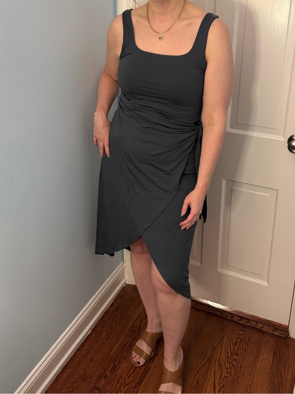 Quince Tencel Jersey Side Tie MIDI Dress Dark Olive High-Low Wrap Tank Dress